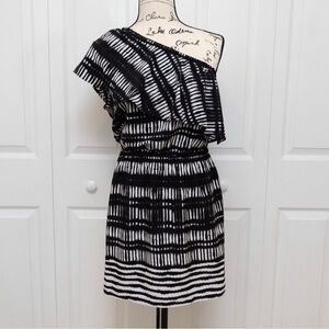 EXPRESS Ruffle One Shoulder Mini Dress Black & White Silky soft material NWOT